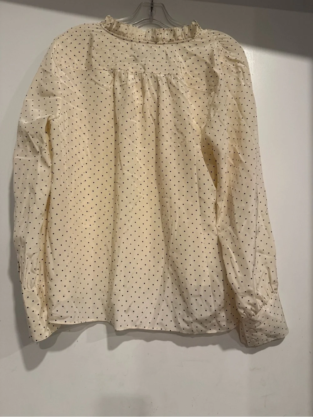 J.Crew 100% Silk Polka Dot Ruffle Collar Blouse Button Front Cream Black Size L